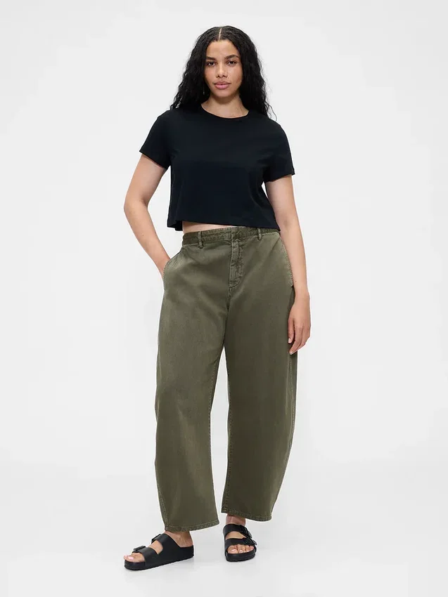Pantalon à coupe large en sergé, taille mi-haute