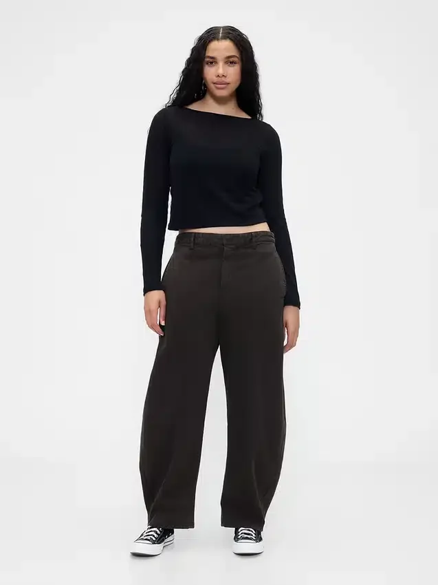 Pantalon à coupe large en sergé, taille mi-haute