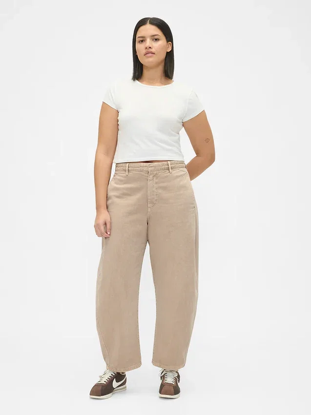 Pantalon à coupe large en sergé, taille mi-haute
