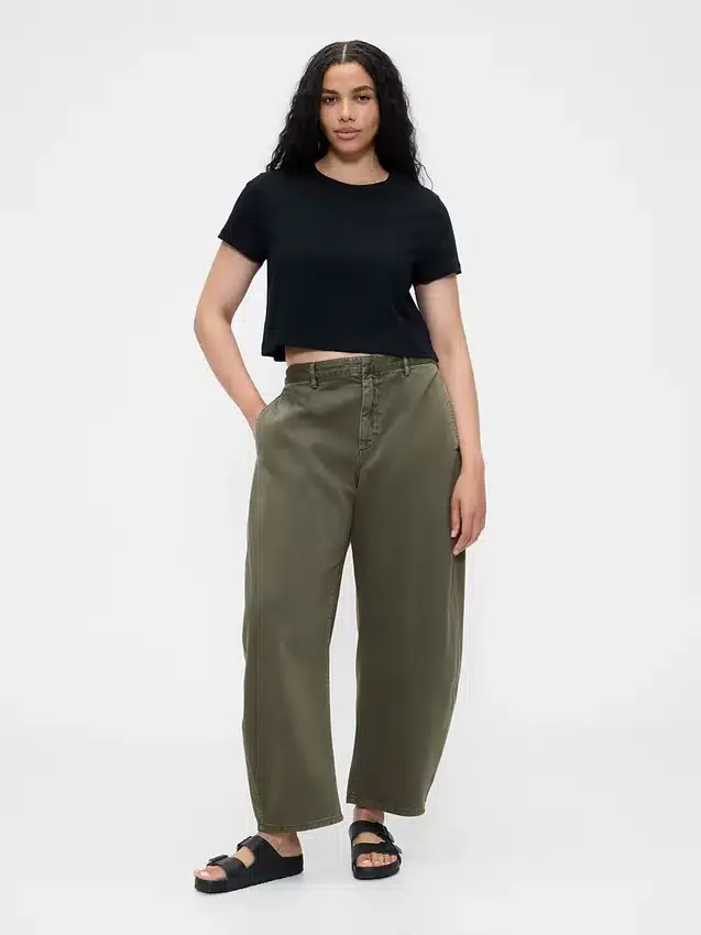 Pantalon à coupe large en sergé, taille mi-haute