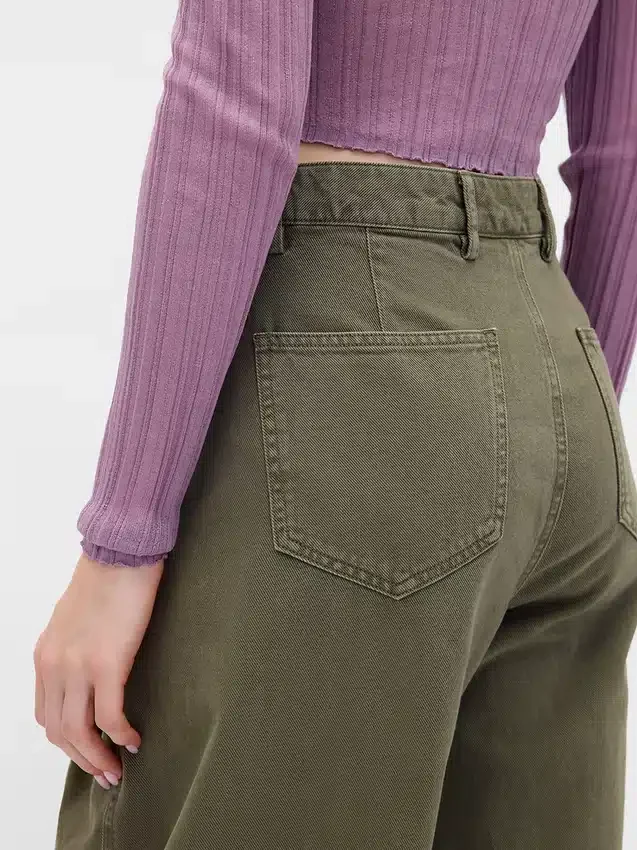 Pantalon à coupe large en sergé, taille mi-haute
