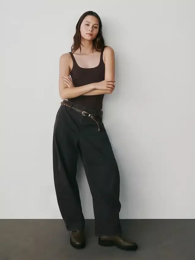 Pantalon à coupe large en sergé, taille mi-haute