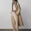 Pantalon à coupe large en sergé, taille mi-haute