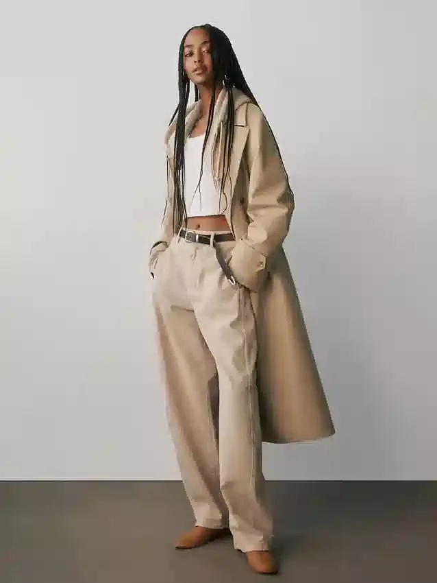 Pantalon à coupe large en sergé, taille mi-haute