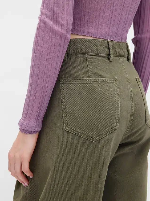Pantalon à coupe large en sergé, taille mi-haute