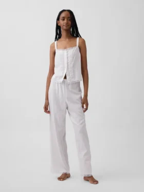 Pantalon de pyjama en mélange de lin à ourlet en dentelle