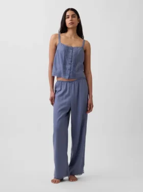 Pantalon de pyjama en mélange de lin à ourlet en dentelle