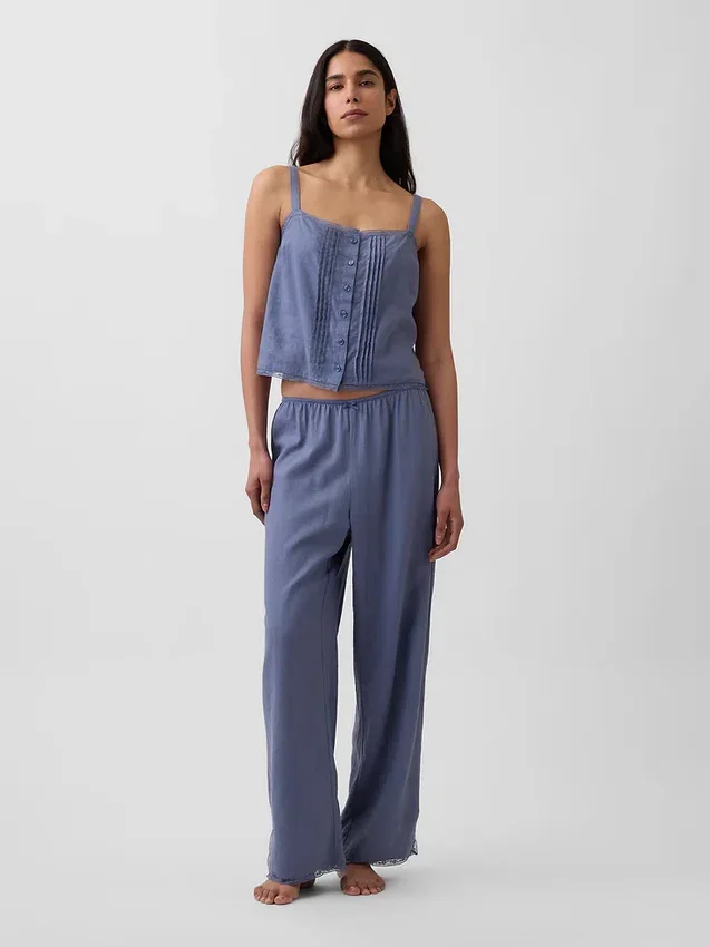 Pantalon de pyjama en mélange de lin à ourlet en dentelle