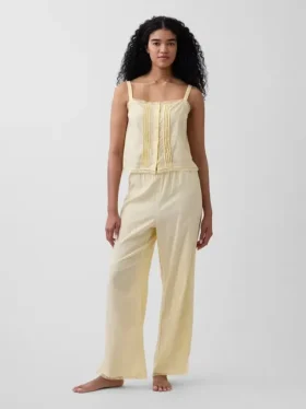 Pantalon de pyjama en mélange de lin à ourlet en dentelle