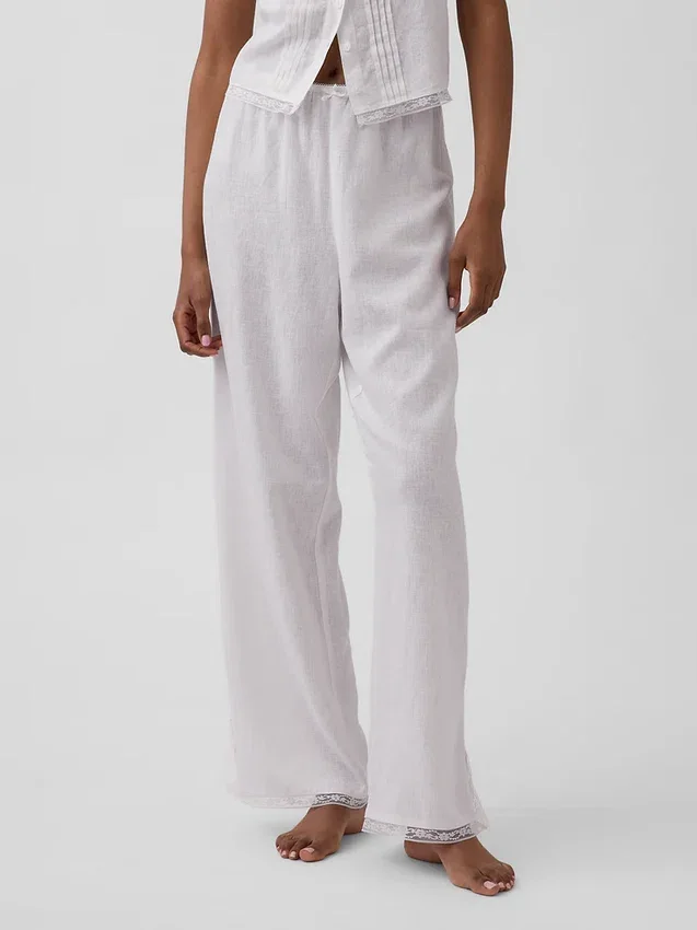 Pantalon de pyjama en mélange de lin à ourlet en dentelle
