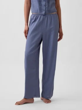 Pantalon de pyjama en mélange de lin à ourlet en dentelle
