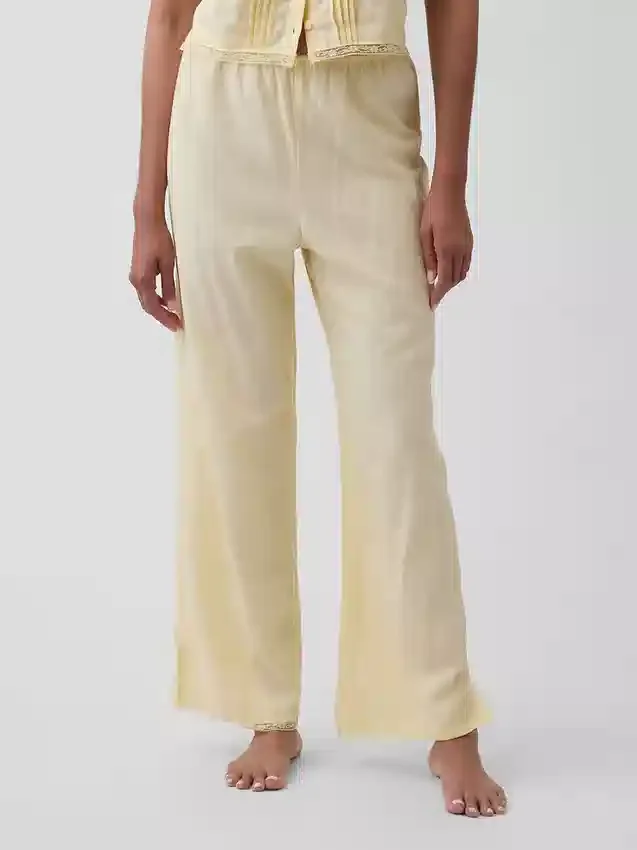 Pantalon de pyjama en mélange de lin à ourlet en dentelle