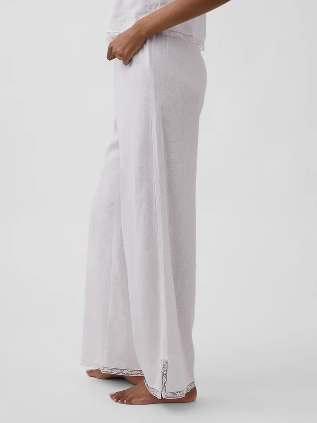 Pantalon de pyjama en mélange de lin à ourlet en dentelle
