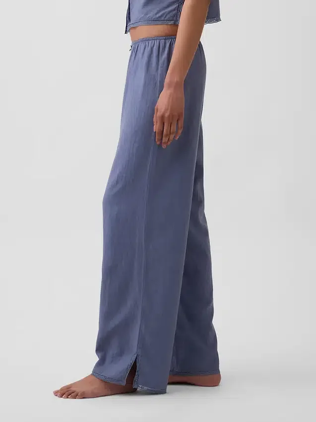 Pantalon de pyjama en mélange de lin à ourlet en dentelle
