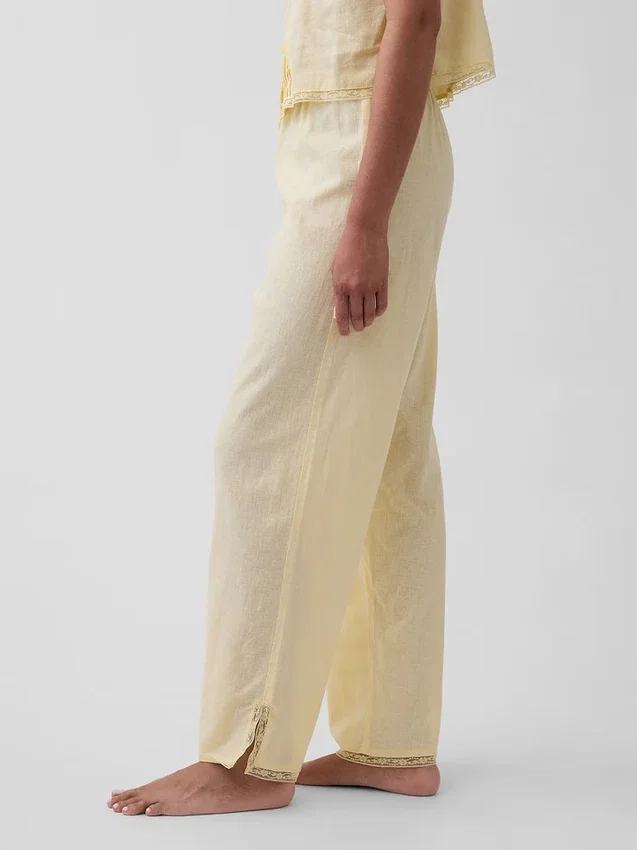 Pantalon de pyjama en mélange de lin à ourlet en dentelle