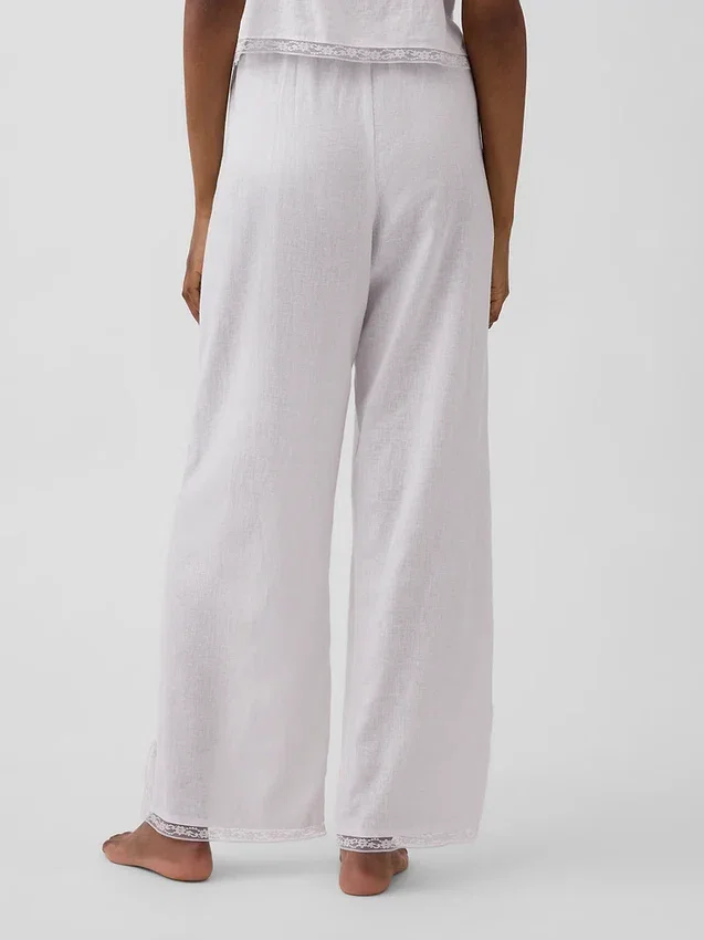 Pantalon de pyjama en mélange de lin à ourlet en dentelle