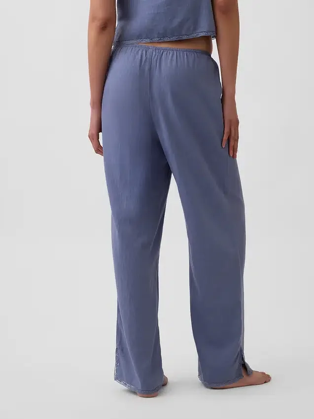 Pantalon de pyjama en mélange de lin à ourlet en dentelle