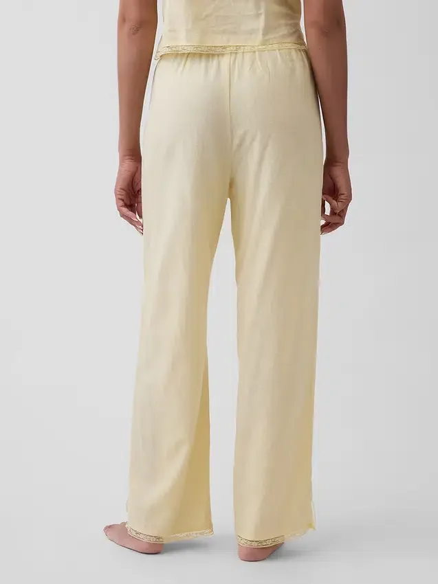 Pantalon de pyjama en mélange de lin à ourlet en dentelle
