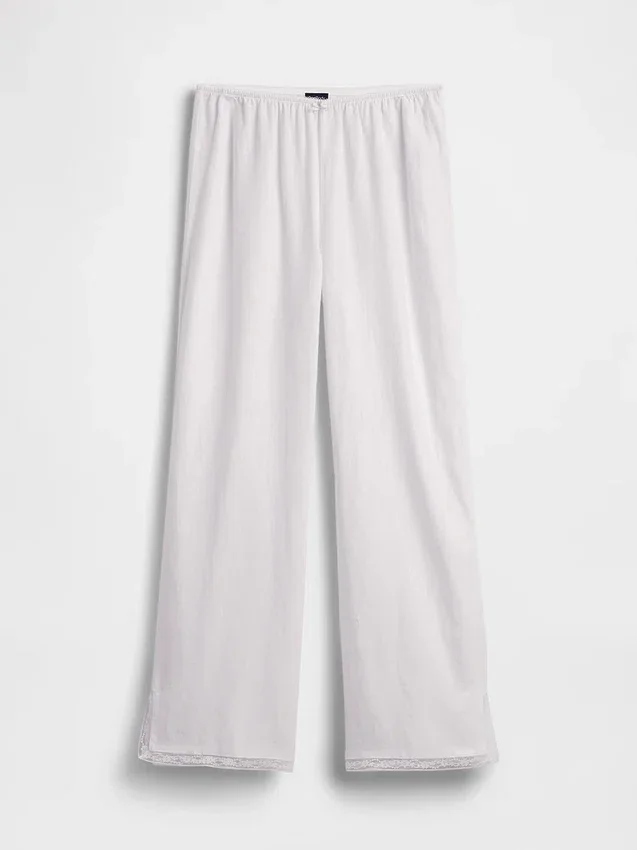 Pantalon de pyjama en mélange de lin à ourlet en dentelle