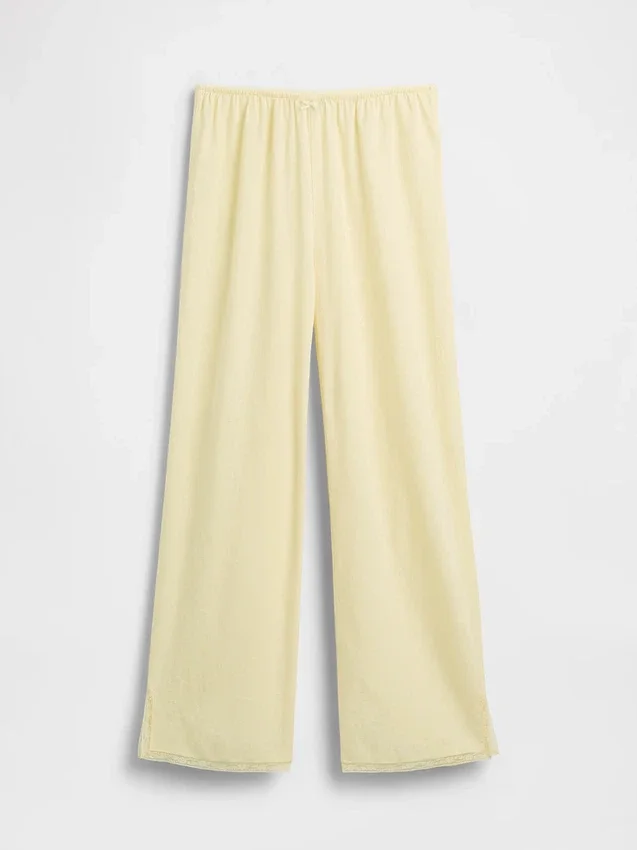 Pantalon de pyjama en mélange de lin à ourlet en dentelle