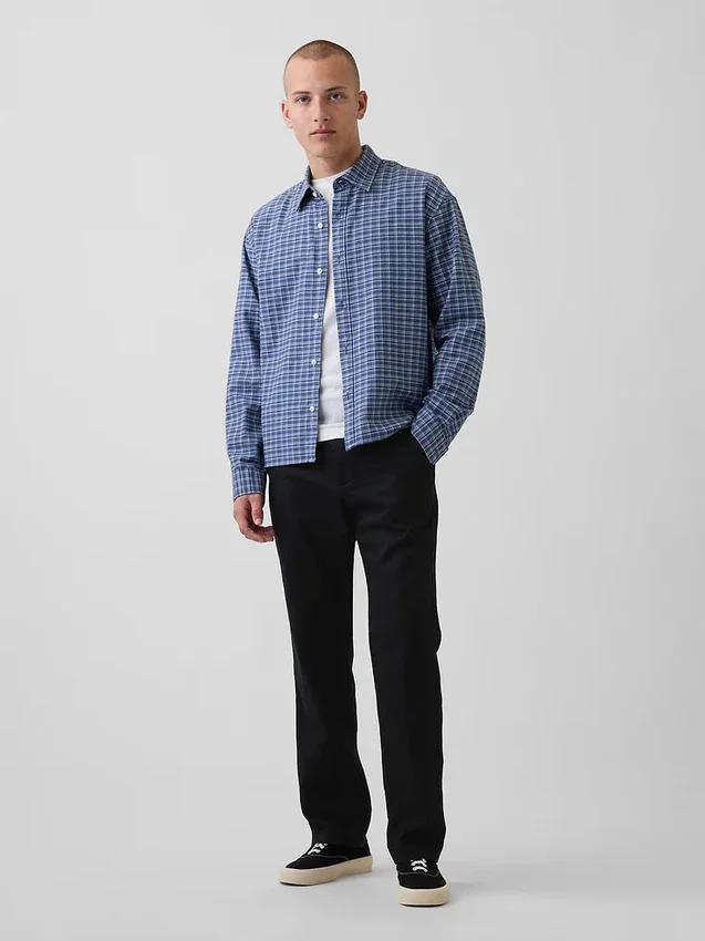 Pantalon droit ample en lin et coton