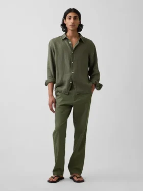Pantalon droit ample en lin et coton