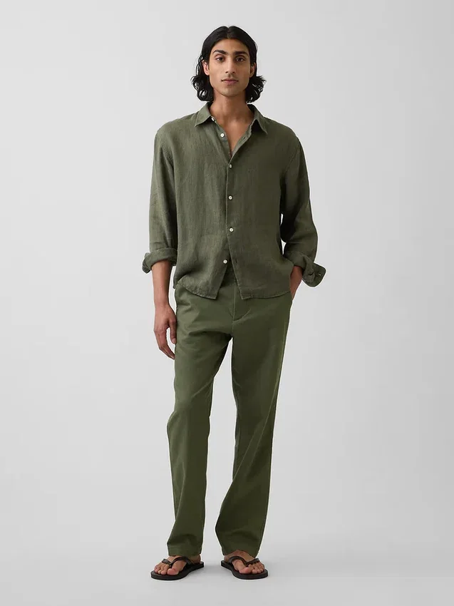 Pantalon droit ample en lin et coton