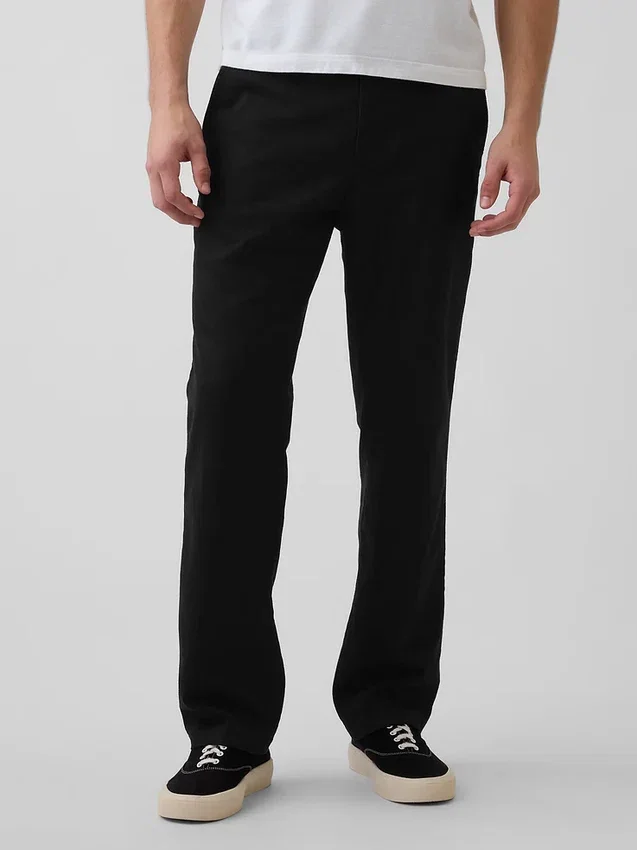 Pantalon droit ample en lin et coton