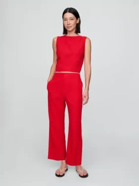 Pantalon droit décontracté en mélange de lin, longueur cheville