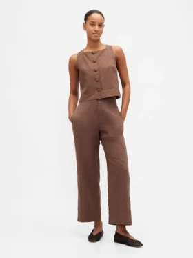 Pantalon droit décontracté en mélange de lin, longueur cheville