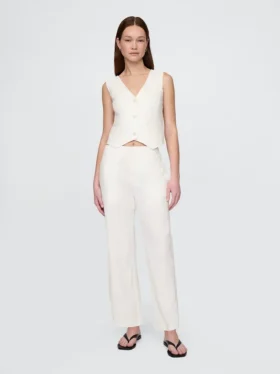 Pantalon droit décontracté en mélange de lin, longueur cheville