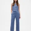 Pantalon droit décontracté en mélange de lin, longueur cheville