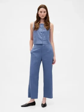 Pantalon droit décontracté en mélange de lin, longueur cheville