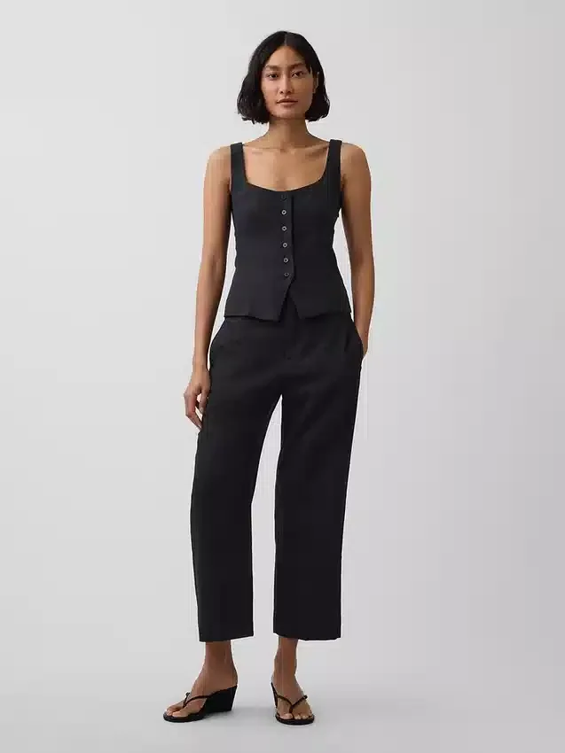 Pantalon droit décontracté en mélange de lin, longueur cheville