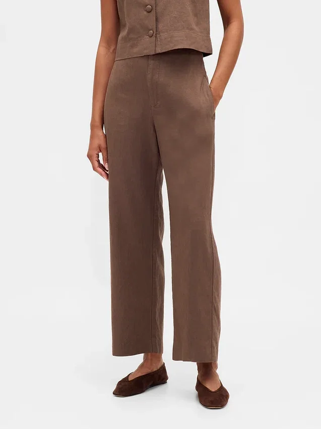Pantalon droit décontracté en mélange de lin, longueur cheville