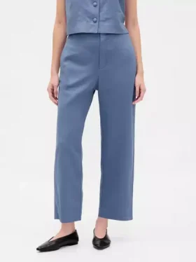 Pantalon droit décontracté en mélange de lin, longueur cheville