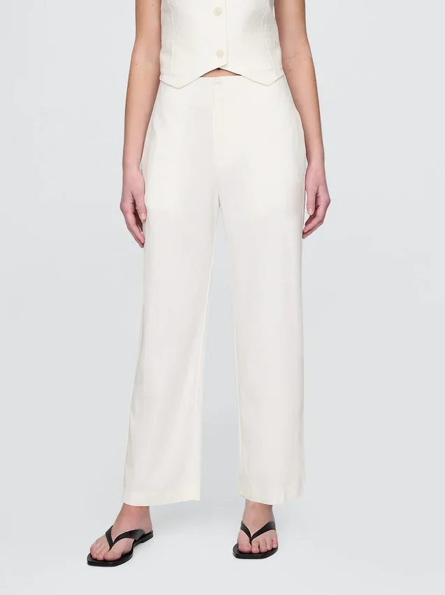 Pantalon droit décontracté en mélange de lin, longueur cheville