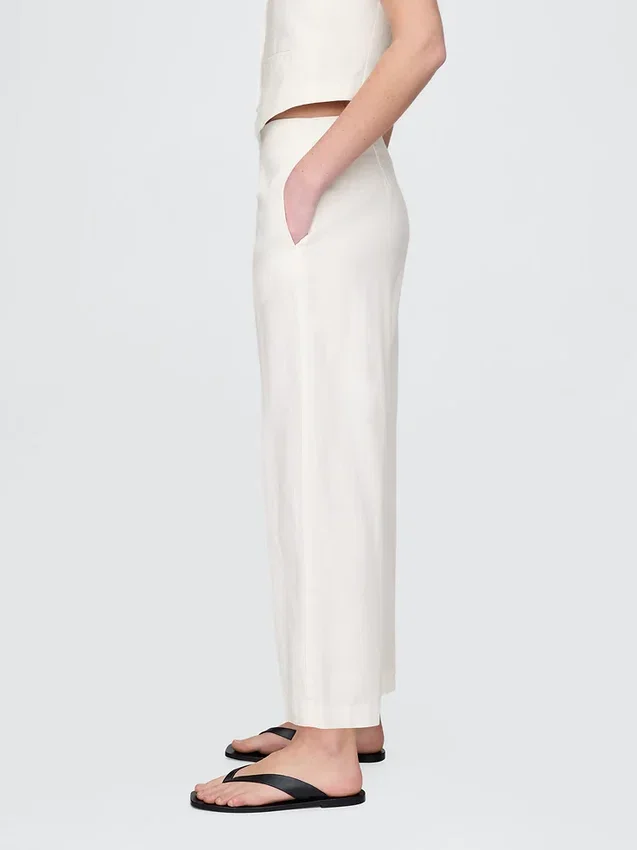 Pantalon droit décontracté en mélange de lin, longueur cheville