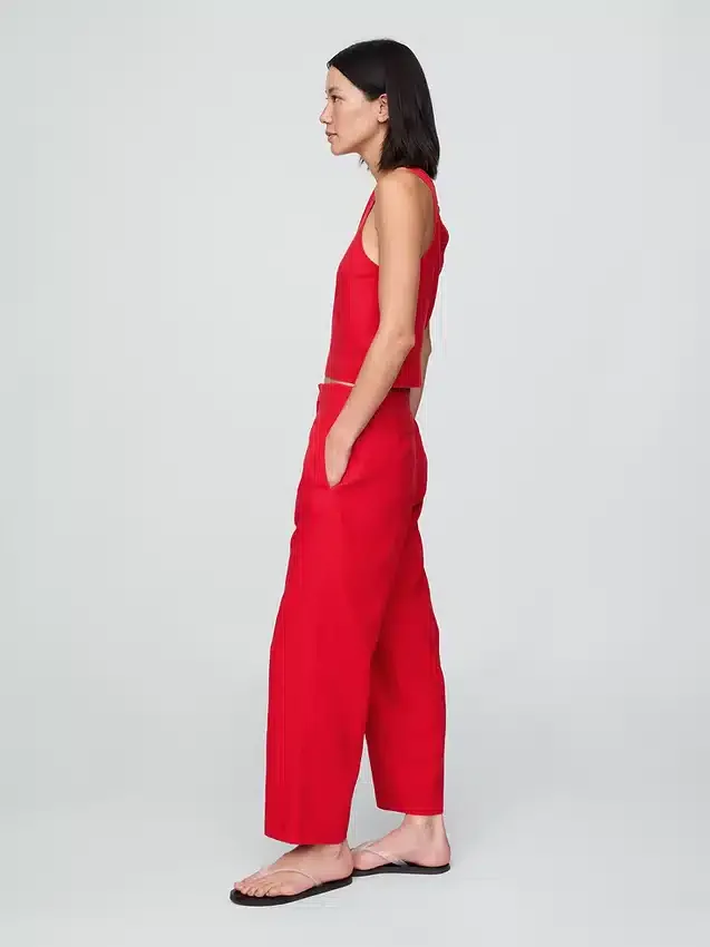 Pantalon droit décontracté en mélange de lin, longueur cheville