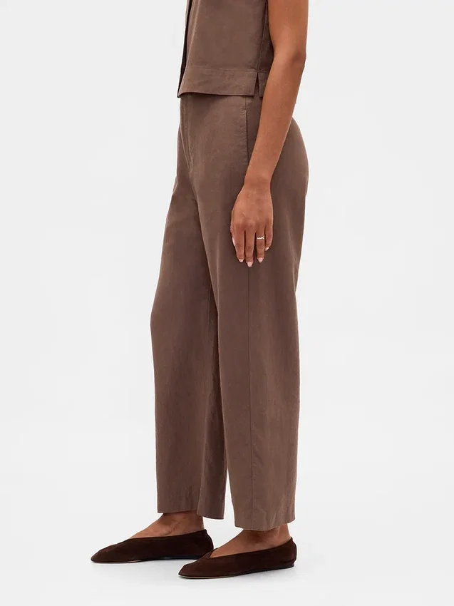 Pantalon droit décontracté en mélange de lin, longueur cheville