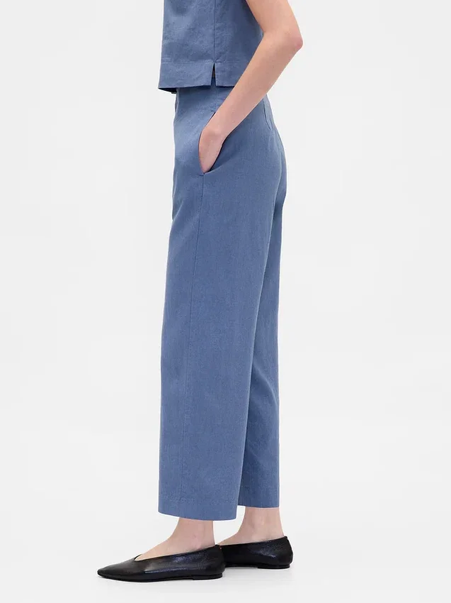 Pantalon droit décontracté en mélange de lin, longueur cheville