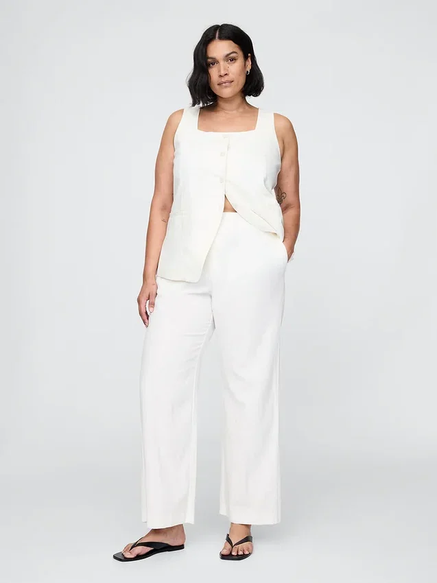 Pantalon droit décontracté en mélange de lin, longueur cheville
