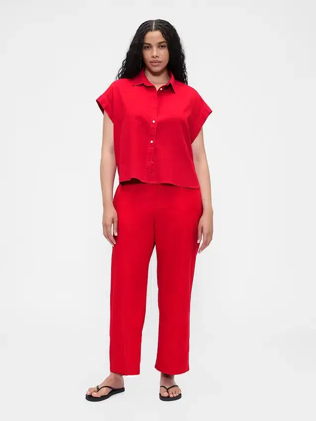 Pantalon droit décontracté en mélange de lin, longueur cheville
