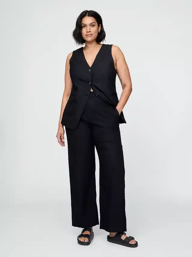 Pantalon droit décontracté en mélange de lin, longueur cheville