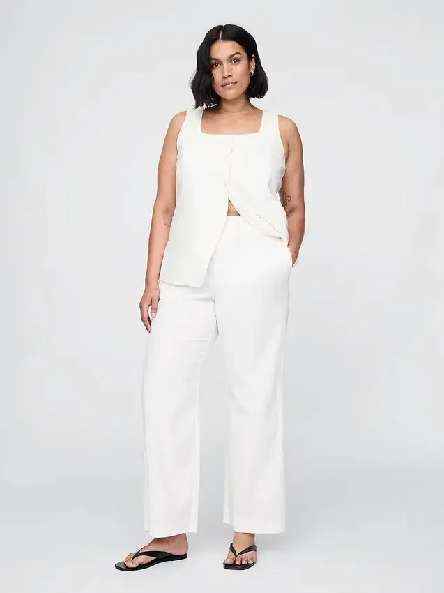 Pantalon droit décontracté en mélange de lin, longueur cheville