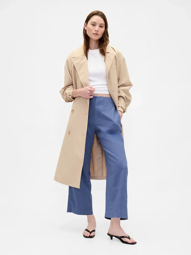 Pantalon droit décontracté en mélange de lin, longueur cheville