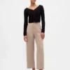 Pantalon droit à taille haute en sergé, longueur cheville