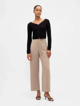 Pantalon droit à taille haute en sergé, longueur cheville
