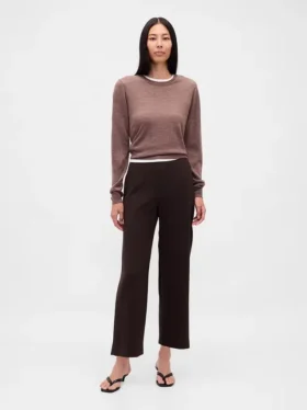 Pantalon droit à taille haute en sergé, longueur cheville