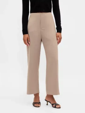 Pantalon droit à taille haute en sergé, longueur cheville
